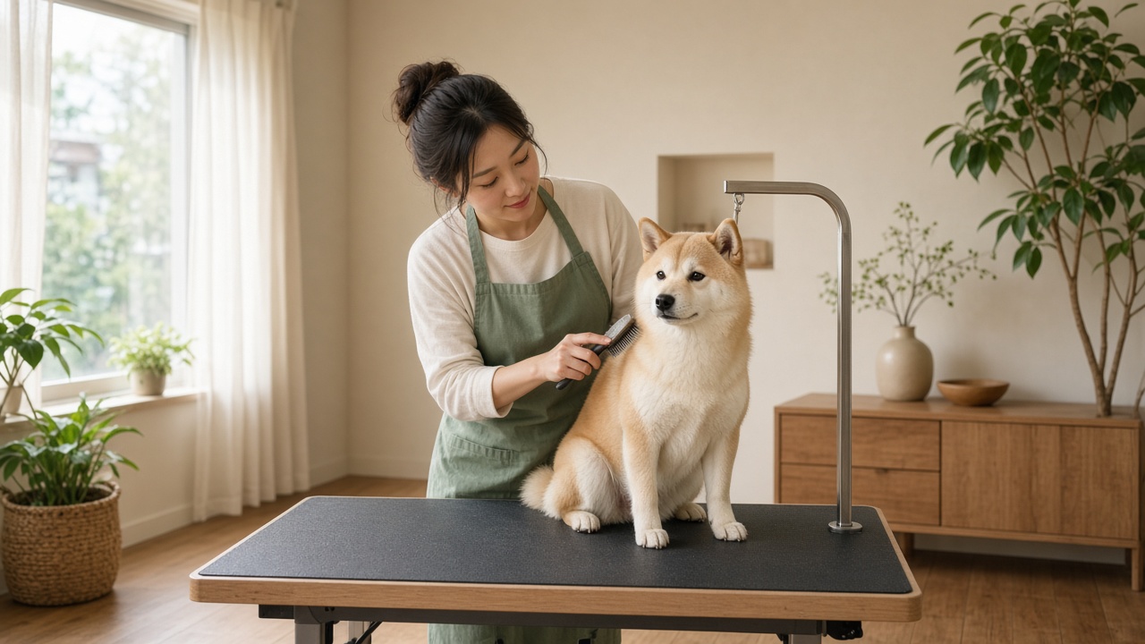 PettVitalのスタッフが犬をやさしくブラッシングしている様子